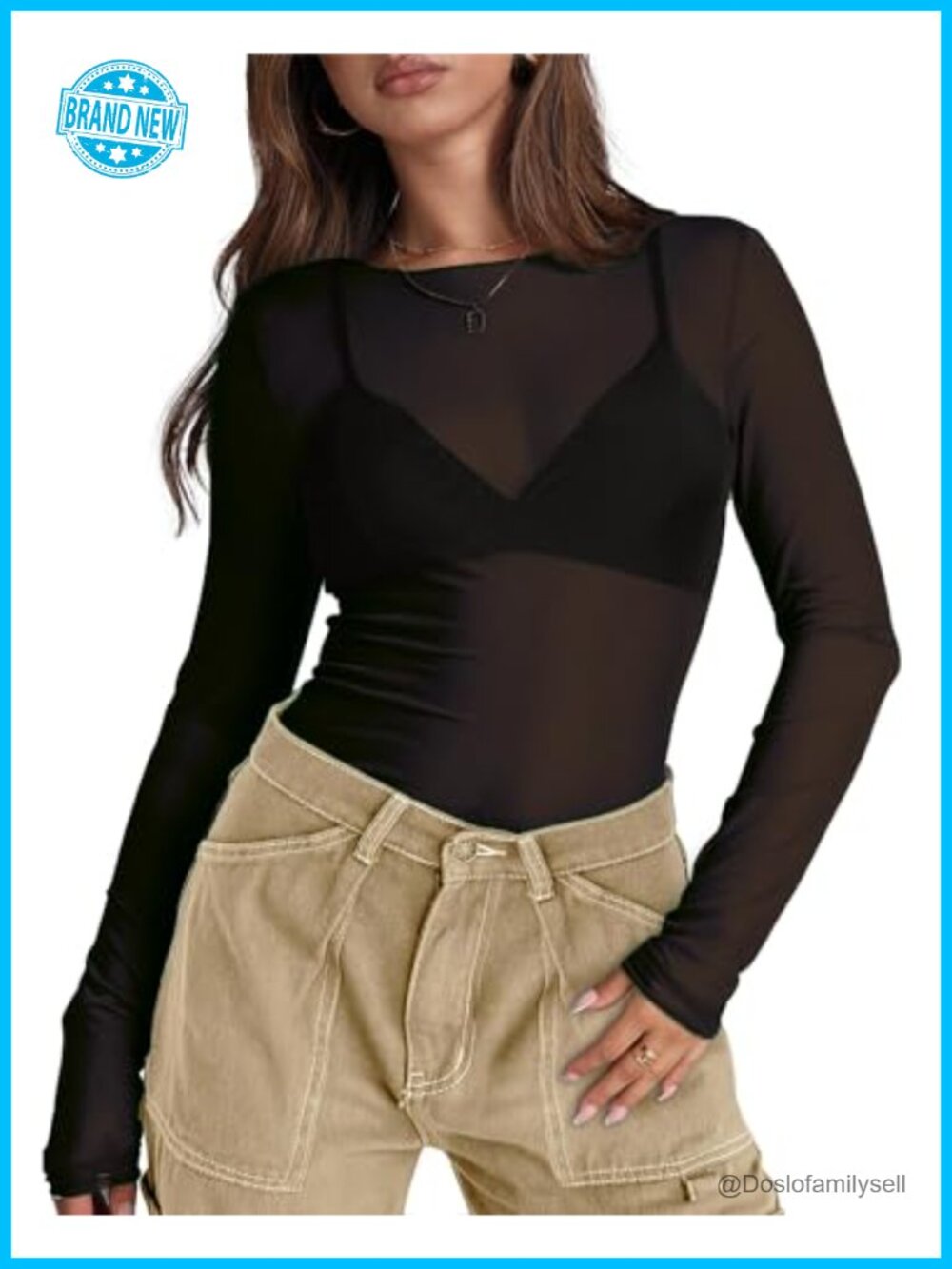 WIHOLL Women's Sheer Mesh Crew Neck Long Sleeve Party Clubwear Top